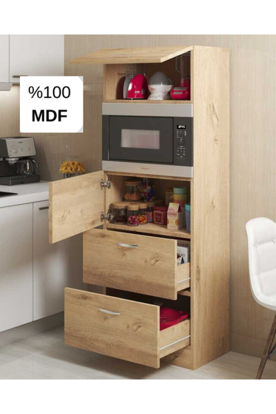 Bicabin MDF Mikrodalga Fırın Raflı Kapaklı Çekmeceli Çok Amaçlı Hazır Mutfak Dolabı/MDF Meşe Rengi
