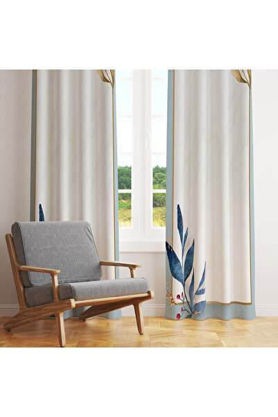 LadiesHome Mavi Yaprak ve Altın Detaylı Modern Tasarımlı Tek Kanat Fon Perde ...