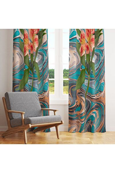 LadiesHome Turkuaz Mermer Desenli Çiçekli Tek Kanat Fon Perde 140x260 cm