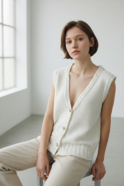 NEWCO Stylish White Knit Vest, V-Neck, Knitted Detail and Buttoned Model