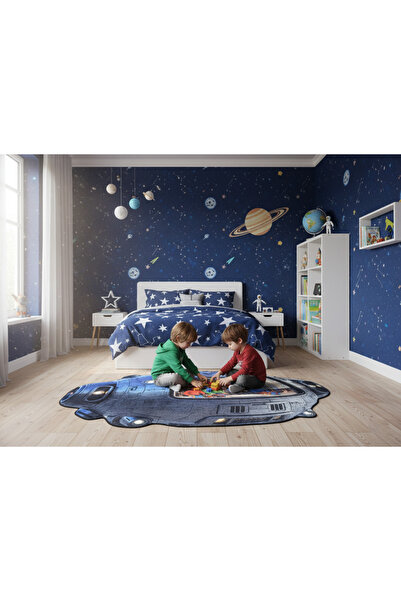 Luna Bianca Uzay Gemisi Desenli Halı | Kaymaz Taban Süngerli Dikişli Yıkanabi...
