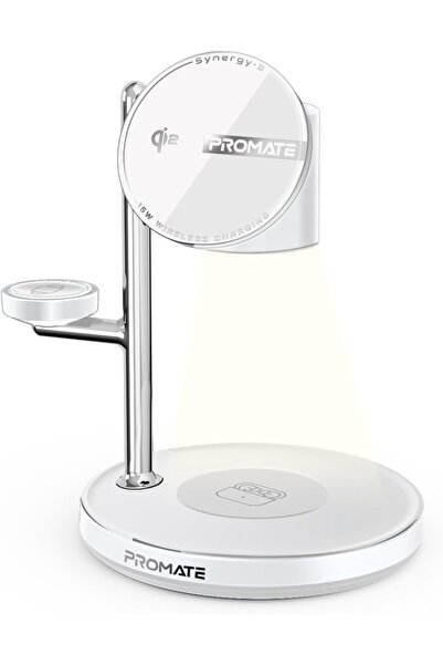 Promate Synergy-3 4-in-1 Qi2 MagSafe Charging Station, 15W Wireless, Night Lamp, Magnetic Ring