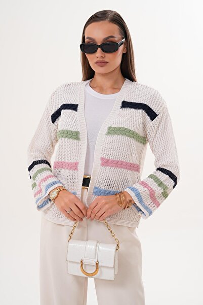 ŞİMAL Women's Colorful Striped Open Front Cardigan 255413 -