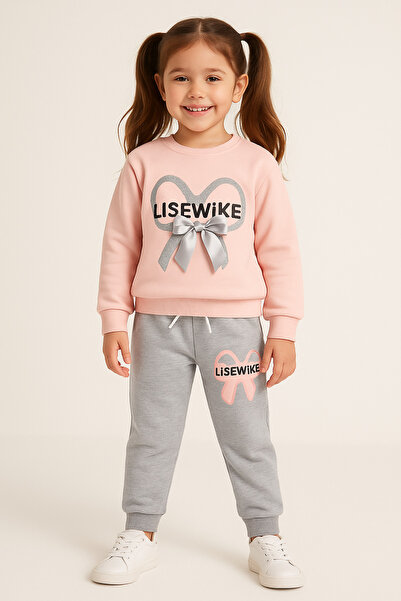 Uğur bebe Pink Gray Girl's Two Thread Sha Fleece-Lined Threaded Tracksuit Set – Full Li Stretch Fabric Real Ribbon Detailed