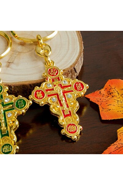 OEM Breloc Cruce Ortodoxă Aurită - Email Roșu