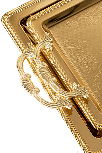 Le Paon Metal Gold 2’li Dikdörtgen Tepsi Seti – Zarif Desenli Servis ve Sunum Tepsisi, Kararmaz & Solmaz