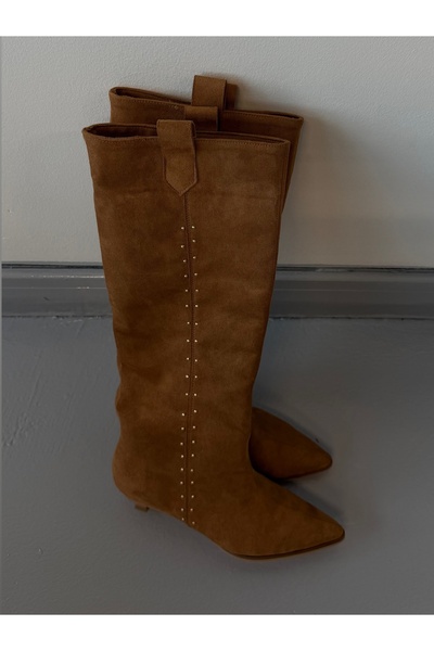 Eataly Shoes Taba Süet Dizaltı Kadın Çizme Minik Gold Troklu