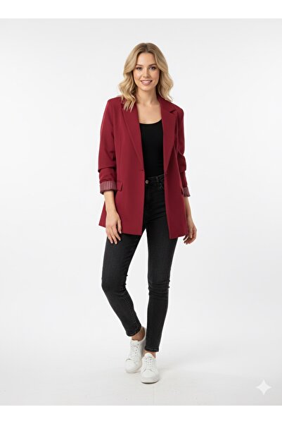 Kırmızı iz Bordo Tek Düğmeli Ceket / Çizgili İç Astar Detaylı Blazer