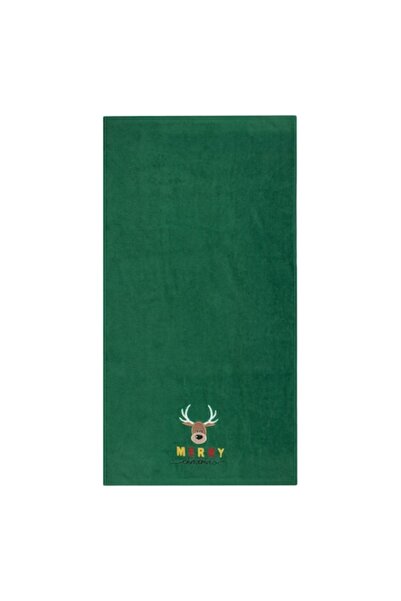 SHOPIENS Christmas Hand Towel - Cotton, Embroidered Reindeer, 'Merry Christmas', Green, 90x45 cm, 400 GSM