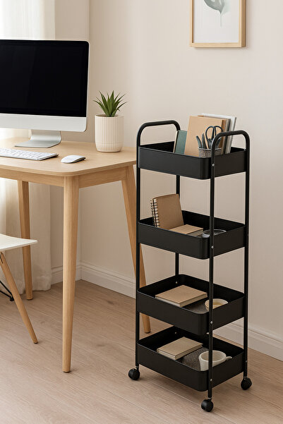 MARIA HOMES 4-Layer Black Metal Storage Trolley with Wheels – Tall Slim Rolling Organizer Cart