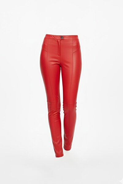 Deriderim Red Women's Leggings Unlined Front Zipper Buttoned No Pockets Skinny Leg Genuine Stretch Leather Pants