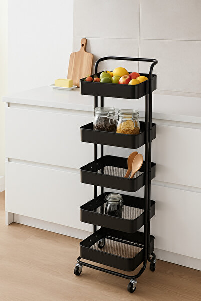 MARIA HOMES 5-Layer Black Metal Storage Trolley with Wheels – Tall Multi-Purpose Rolling Organizer Cart
