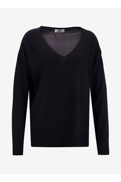 People By Fabrika V Yaka Loose Fit Düz Siyah Kazak Kadın PBF5WL-KZK9519