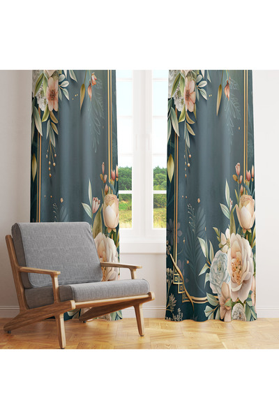 LadiesHome Koyu Mavi Gold Çerçeveli Gül 140x260 Tek Kanat Fon Perde