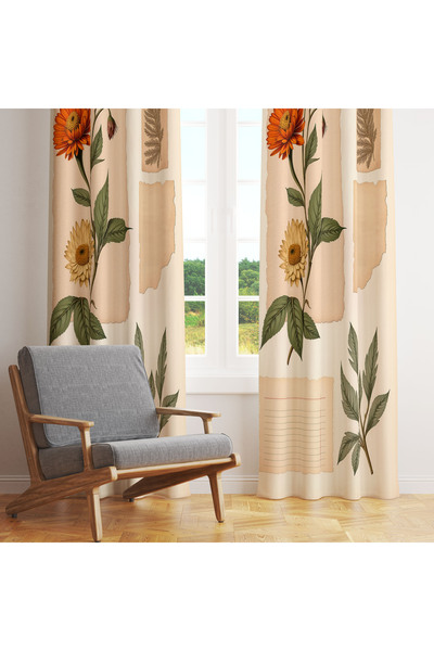 LadiesHome Bej Sanat Eskizi Papatya 140x260 Tek Kanat Fon Perde