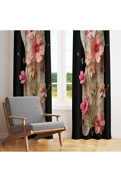 LadiesHome Single Wing Background Curtain with Pink Flower Pattern on Black Background 140X260 cm