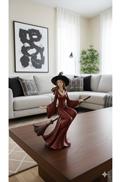 Dekoromi Dekoratif Süpürgeli Cadı Biblo - Ev Ofis Dekorasyon Hediyelik El Boyaması Obje (Y20xD17xG7 cm)