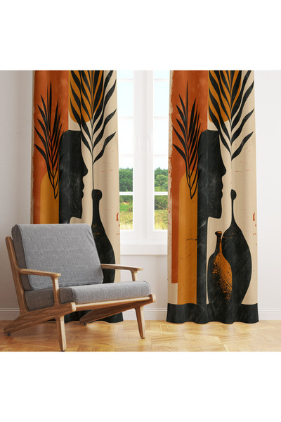 LadiesHome Bej Siyah Terracotta Bohem Portre 140x260 Tek Kanat Fon Perde