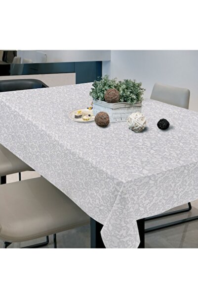 SHOPIENS Vinyl Tablecloth, Lace Pattern, White-Grey, 180x140 cm