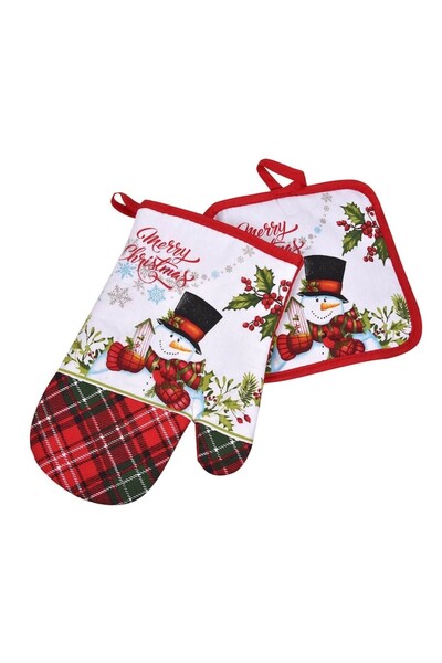 SHOPIENS Christmas Kitchen Set - Snowman Oven Glove and Towel, White with Red Check, 2 pcs