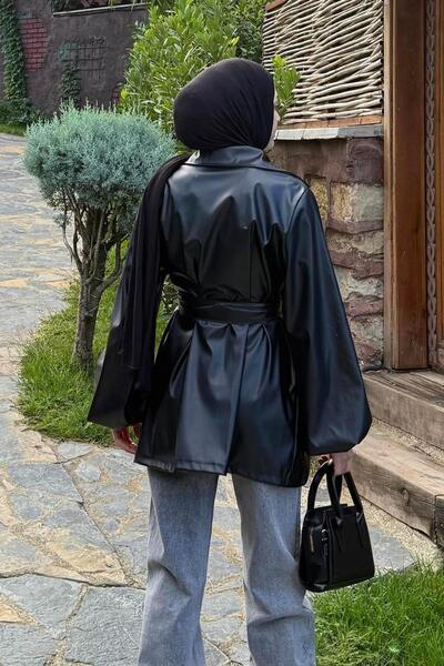 lamelif Bağlama Detaylı Deri Ceket Siyah