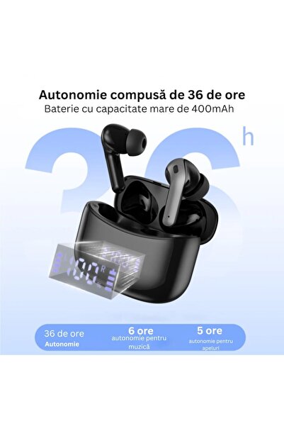 TehnoTek Căști intraauriculare wireless X15, Bluetooth 5.4, IPX5, afișaj digital, baterie de 48 de ore