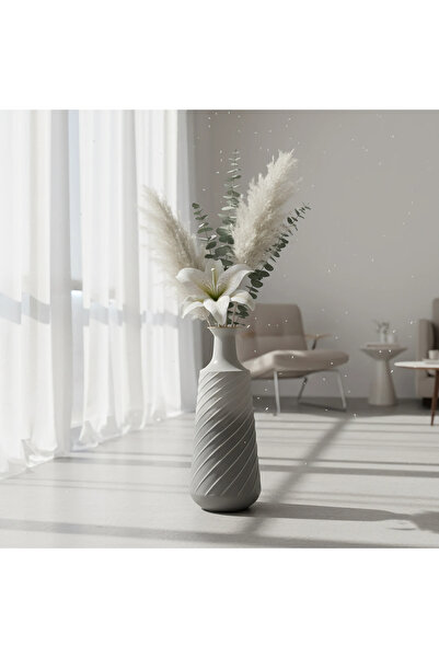 Hinora Beyaz Çizgi Model Gri Renk Metal Vazo Büyük Boy 20x20x53cm