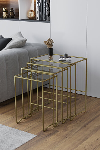 FAYMEND MİMOZA 4 lü Zigon Sehpa, Metal Sehpa, Cam Sehpa 'GOLD - ŞEFFAF'