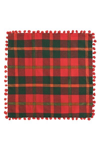 SHOPIENS Christmas Decorative Pillow Cover, Double-sided, Red Checks with Gold Lurex, Pompons, 45x45cm