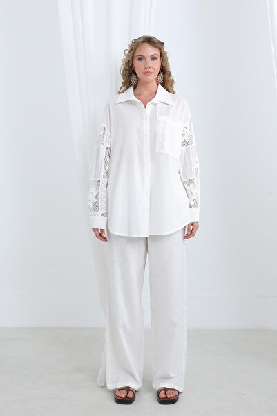 Soul Lace Detailed Oversized Shirt-32324Gml - Ecru