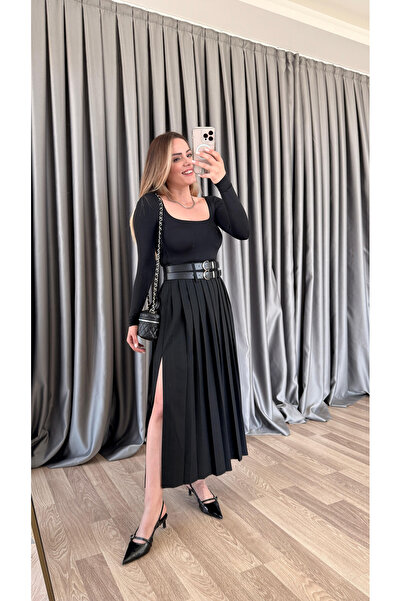 HARMONY GLOBAL Fusta midi cu fantă cu pliuri, cu detaliu dublu curea neagră – cu centură, stil modern de birou și oraș 7232