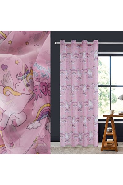 SHOPIENS Decorative Voile Curtain, Unicorn Pattern, Pink, Size 140x260 cm, Fixing Rings