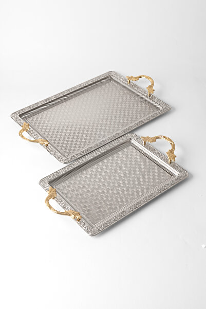 Le Paon طقم صواني من الفولاذ المقاوم للصدأ الفضي مكون من قطعتين - صينية تقديم...