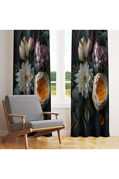 LadiesHome Koyu Yeşil Beyaz Lüks Çiçekli 140x260 Tek Kanat Fon Perde