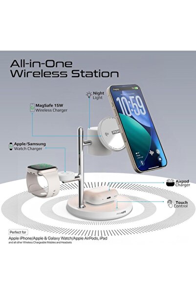 Promate Synergy-3 4-in-1 Qi2 MagSafe Charging Station, 15W Wireless, Night Lamp, Magnetic Ring