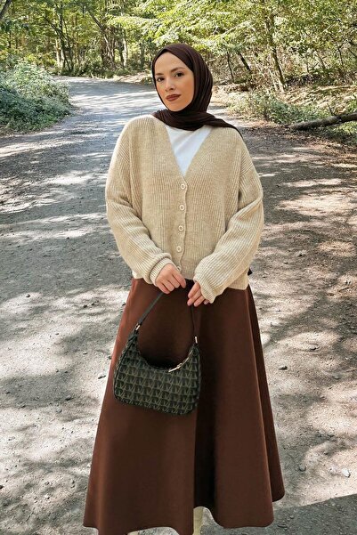 lamelif Crop V-Neck Cardigan Beige