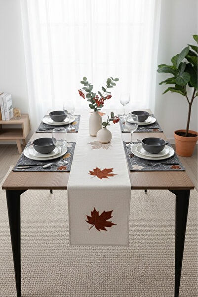 Go Veform Kadife Nakışlı Kalın Keten Runner ve 6'lı Amerikan Servis Takımı | Lüks Sofra Takımı