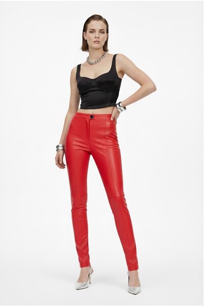 Deriderim Red Women's Leggings Unlined Front Zipper Buttoned No Pockets Skinny Leg Genuine Stretch Leather Pants