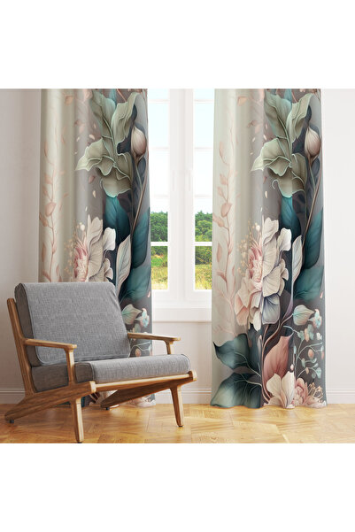 LadiesHome Pastel Leylak Yeşil Lüks Botanik 140x260 Tek Kanat Fon Perde