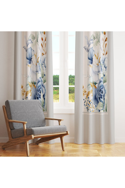 LadiesHome Gri Zemin Üzerinde Mavi Çiçek Desenli Tek Kanat Fon Perde 140x260 cm