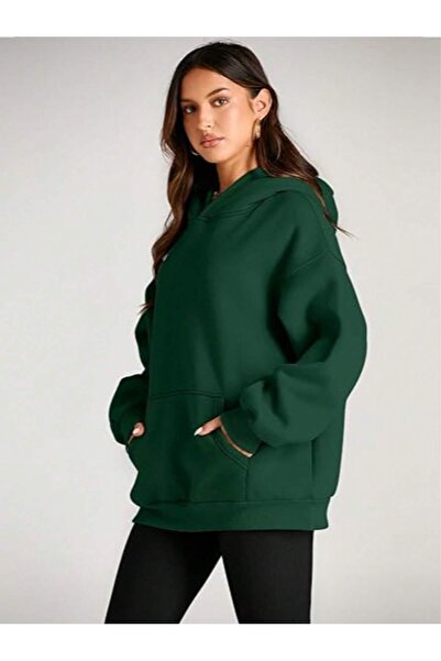 Flaubert Women Green Color Hooded Sweatshirt 3 Yarn