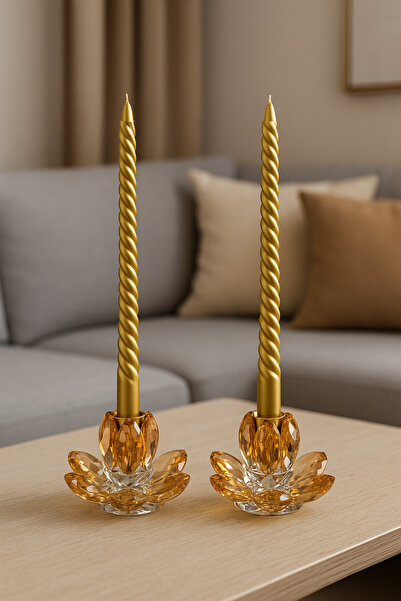MİS KİTCHEN Amber Kristal Lotus Şamdan Seti – İkili Gold Mumluk | Dekoratif Ş...