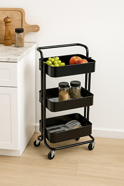 MARIA HOMES عربة تخزين معدنية سوداء بثلاث طبقات مع عجلات - عربة تنظيم متدحرجة...