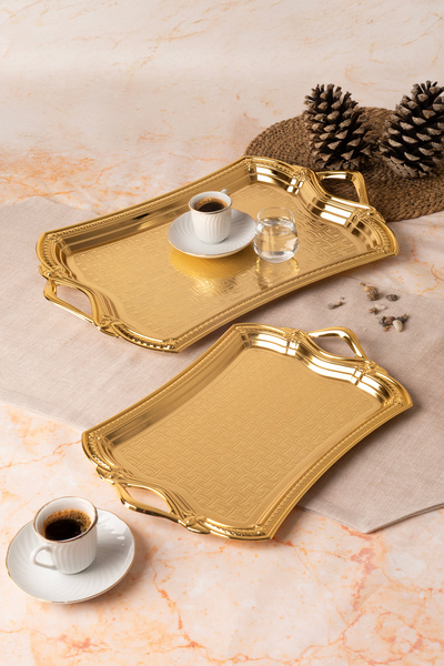 Le Paon Metal Gold 2’li Tepsi Seti – Zarif Desenli Servis ve Sunum Tepsisi, Kararmaz & Solmaz