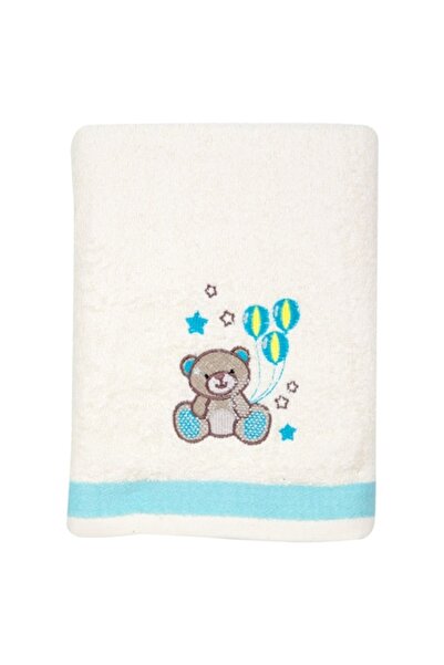 SHOPIENS Baby Towel, Cotton, Embroidered Teddy Bear, Ecru 105x60 cm