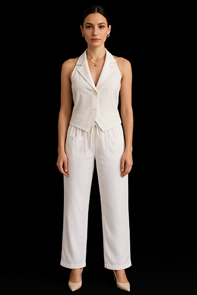 Çeşme Home Women's White Linen Comfortable Fit Pocketed Lace-Up Trousers