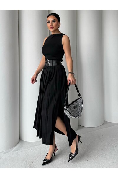 HARMONY GLOBAL Fusta midi cu fantă cu pliuri, cu detaliu dublu curea neagră – cu centură, stil modern de birou și oraș 7232