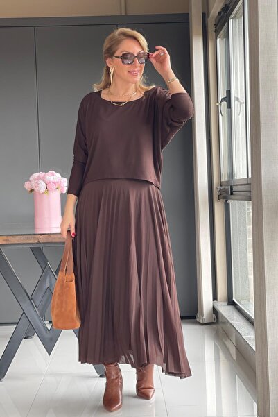 MİSLİNA BUTİK Pilise Etek Detay Kahve Elbise