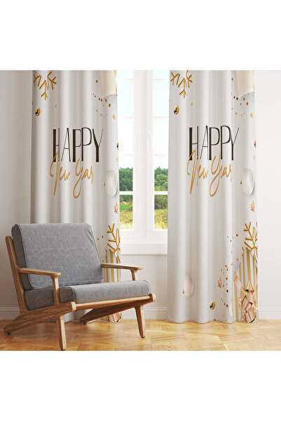 LadiesHome Beyaz Gold Hediyelik Yılbaşı Kutlama 140x260 Tek Kanat Fon Perde