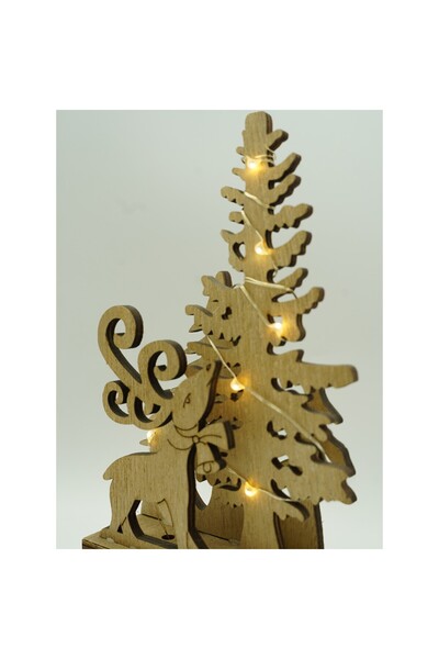 Bibilel Lighted wooden decoration — deer and fir scene, brown, 11×5×19 cm, indoor/outdoor